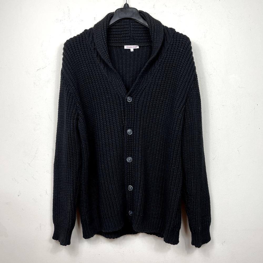 ROMEO GIGLI Wool Black Chunky Knit Slouchy Shawl Collar Cardigan Sweater XL - Picture 3 of 7